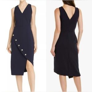 Nanette Lepore Women's 4 Midnight Blue V-Neck Asymmetric Sheath Dress S Button